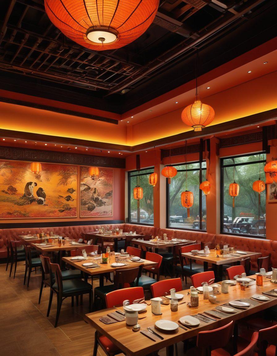 A vibrant, bustling Panda Express restaurant filled with delicious, colorful dishes like orange chicken, fried rice, and mixed vegetables displayed prominently. Diners enjoying their meals at a cozy table, with chopsticks and smiling faces, amidst warm lighting and traditional Chinese decor. Emphasize the fusion of flavors and the joy of communal dining experiences. super-realistic. vibrant colors. warm atmosphere.