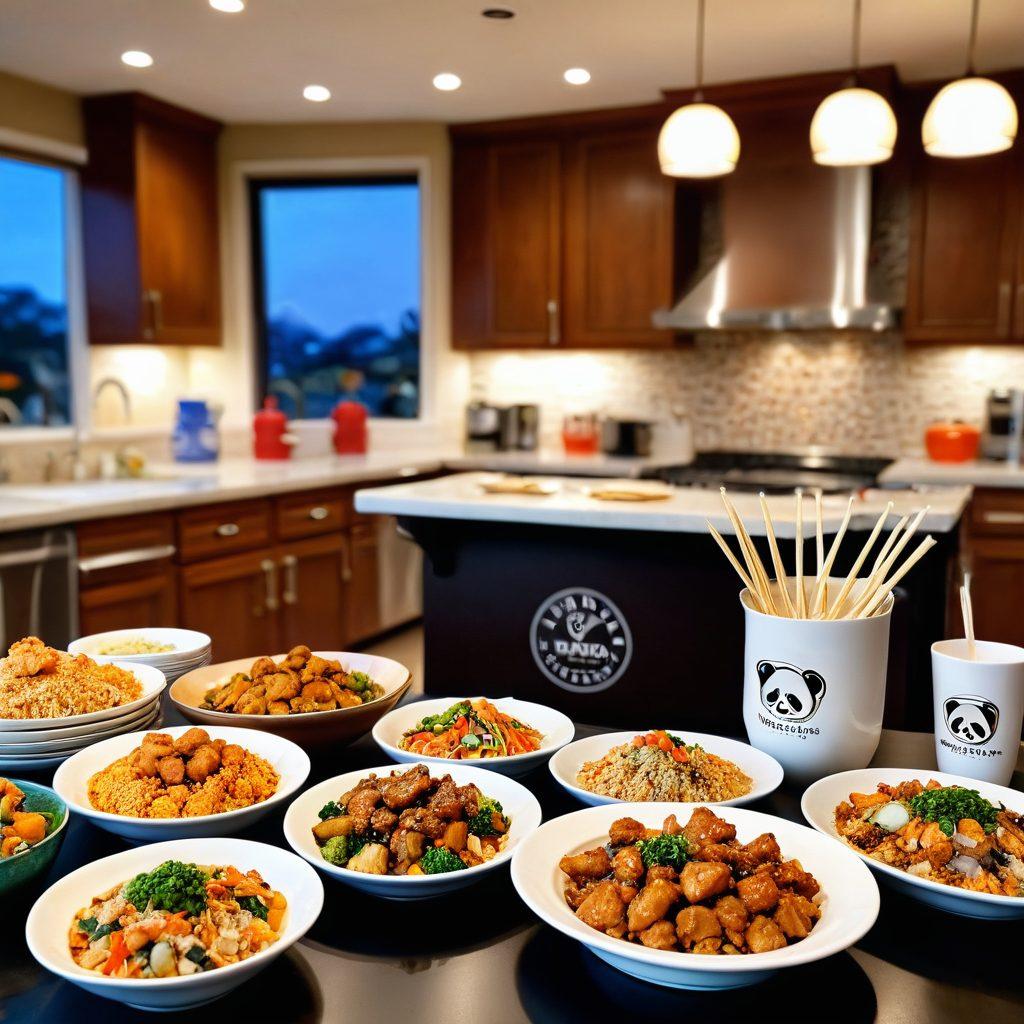 An inviting kitchen scene with a family happily preparing a colorful spread of Panda Express dishes, featuring vibrant orange chicken, fried rice, and fresh vegetables. In the background, a clock shows a busy evening, while a delivery bag from Panda Express waits on the table. Add a warm atmosphere with soft lighting and cheerful details like chopsticks and plates overflowing with food. super-realistic. vibrant colors. warm lighting.